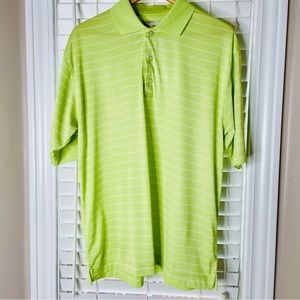 EASE MENS SIZE MEDIUM GREEN WHITE PINSTRIPED GOLF SHIRT POLYESTER GOOD COND